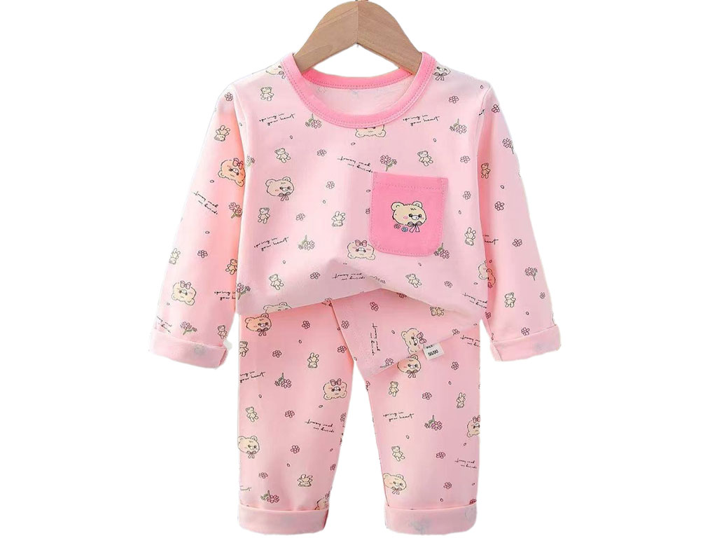 بلوز و شلوار راحتی دخترانه رنگ صورتی روشن طرح خرس و گل