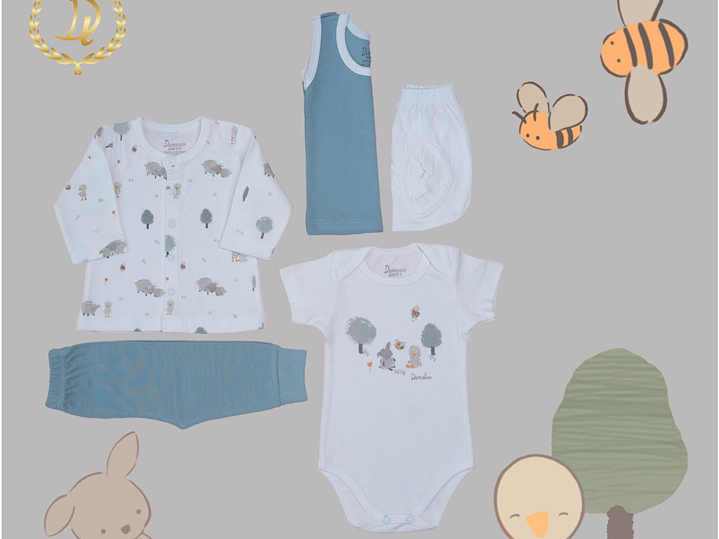 ست بیمارستانی نوزادی پسرانه 5 تکه طرح درخت و جوجه و ببعی خوابیده دانالو Danaloo