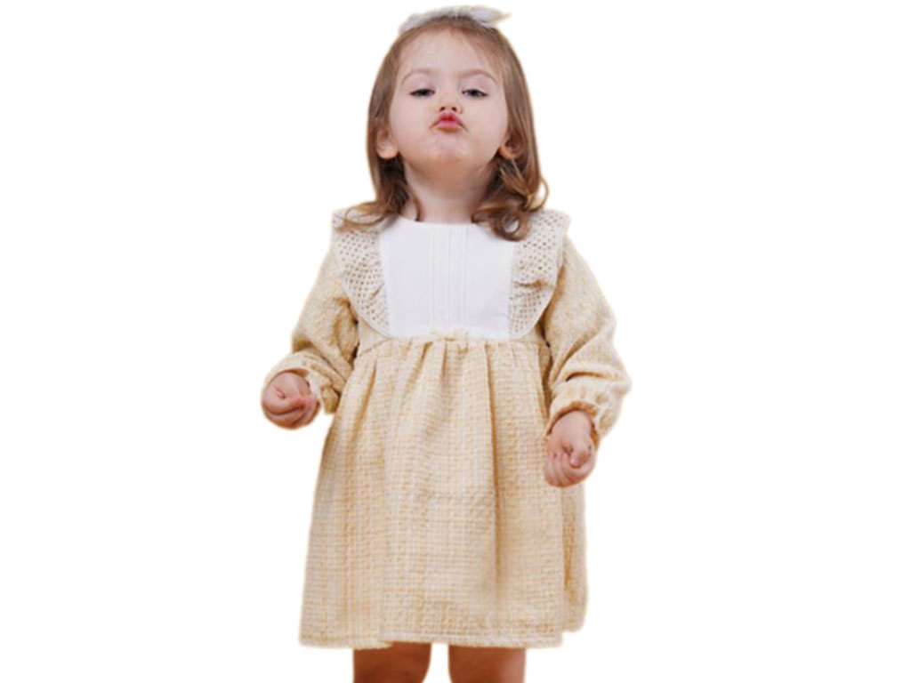 پیراهن آستین بلند دخترانه رنگ کرم لیمویی