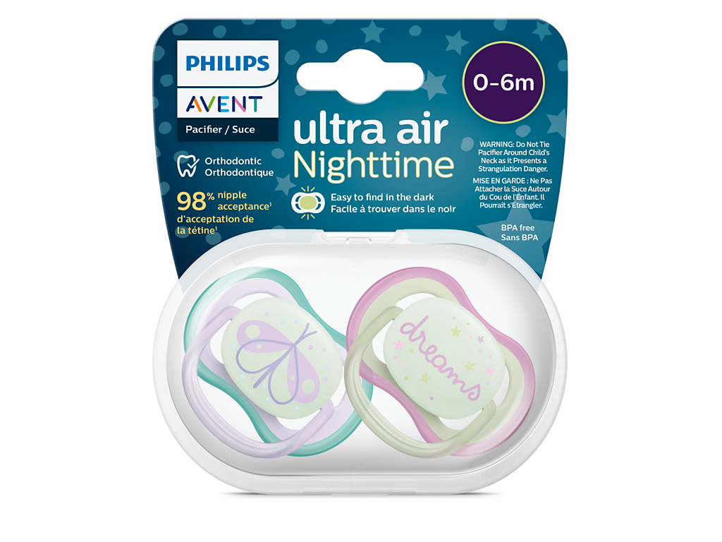 پستانک ارتودنسی  شب تاب دو عددی نوزادی0-6 ماه مدل ultra air فیلیپس اونت philips avent