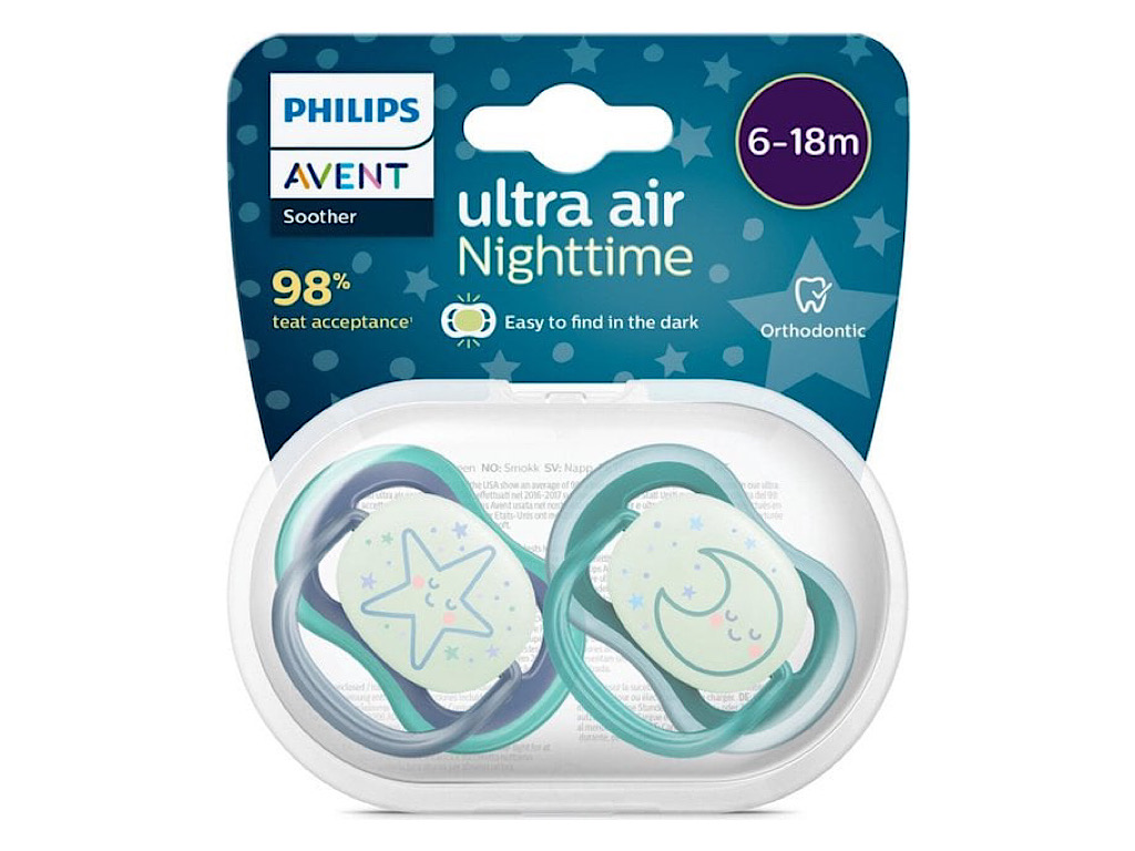 پستانک ارتودنسی  شب تاب دو عددی نوزادی 18-6 ماه مدل ultra air فیلیپس اونت philips avent