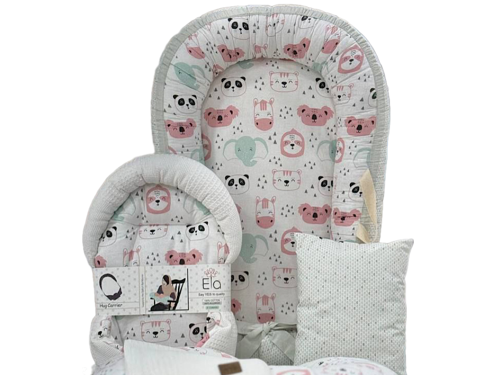 ست تشک لبه دار و آغوشگیر (قنداق سوئیسی) با بالشت و روانداز و زیرانداز تعویض طرح پیکه پاندا سبزآبی  الا ELA