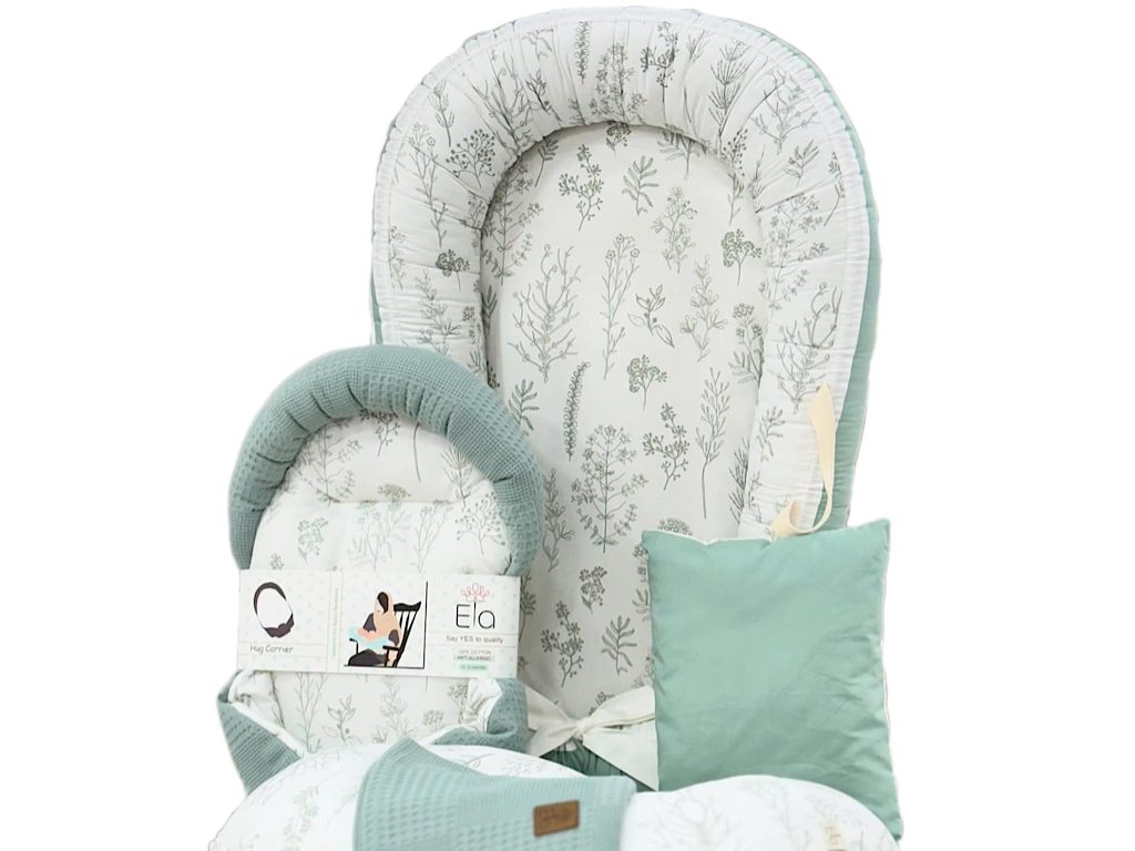 ست تشک لبه دار و آغوشگیر (قنداق سوئیسی) با بالشت و روانداز و زیرانداز تعویض طرح پیکه نبات سبز الا ELA