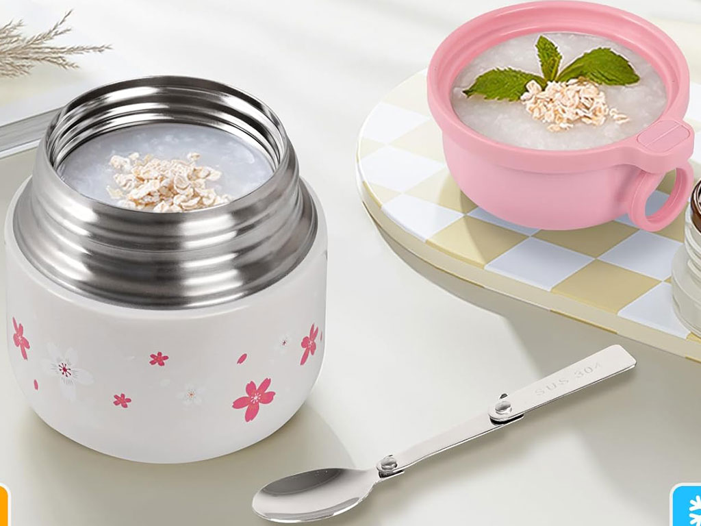 فلاسک غذا داخل استیل به همراه قاشق حجم 300 ML طرح گل های رنگی