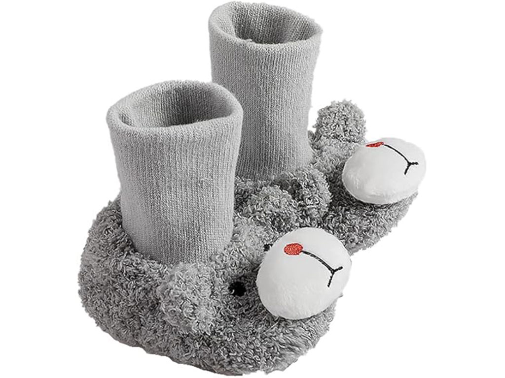 پاپوش ساق دار استپ دار بافت لبه دوبل رنگ طوسی طرح خرس