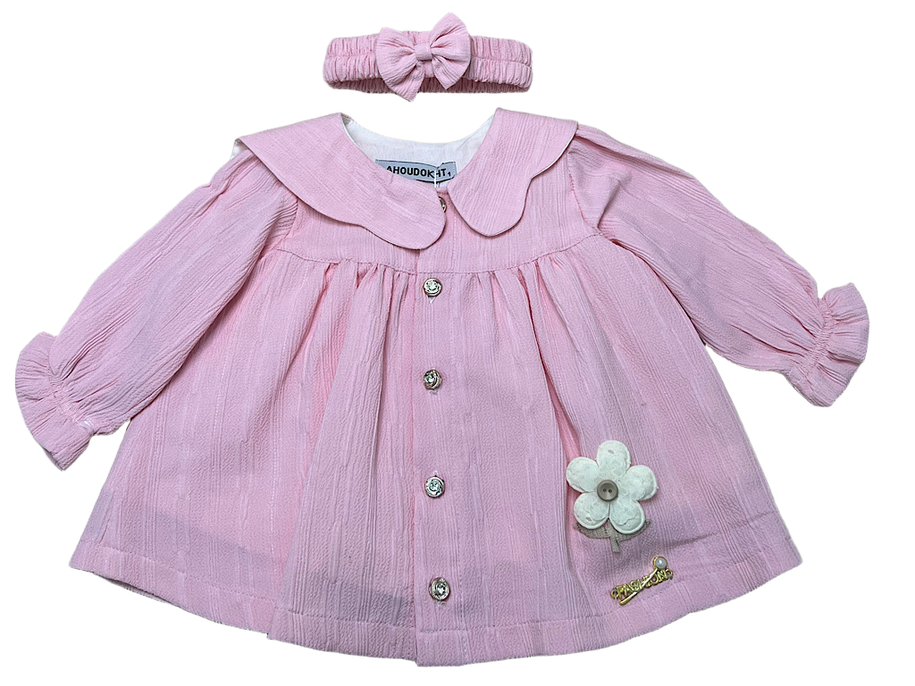 پیراهن آستین بلند دخترانه رنگ صورتی همراه هدبند طرح گل برجسته