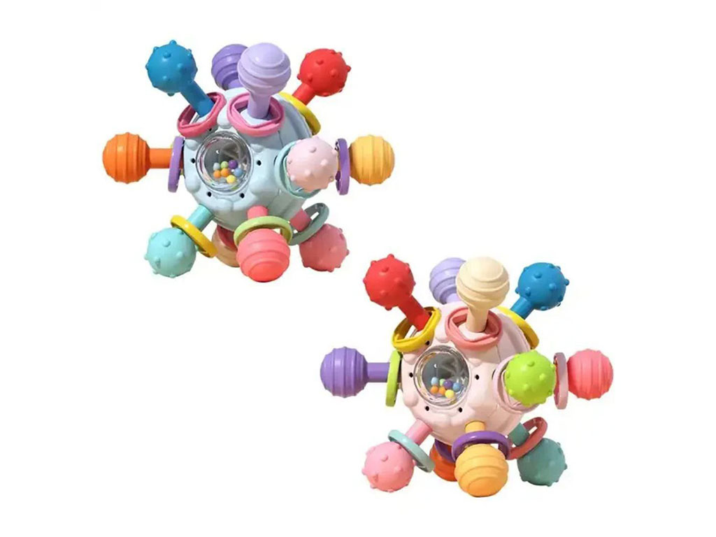 بیری کیوب یا جغجغه توپی دارای دندانگیر و بند سیلیکونی اسباب بازی