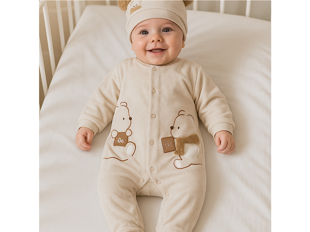 سرهمی با کلاه و پاپوش مخمل نوزادی طرح خرس Dalia از برند پاپو papo