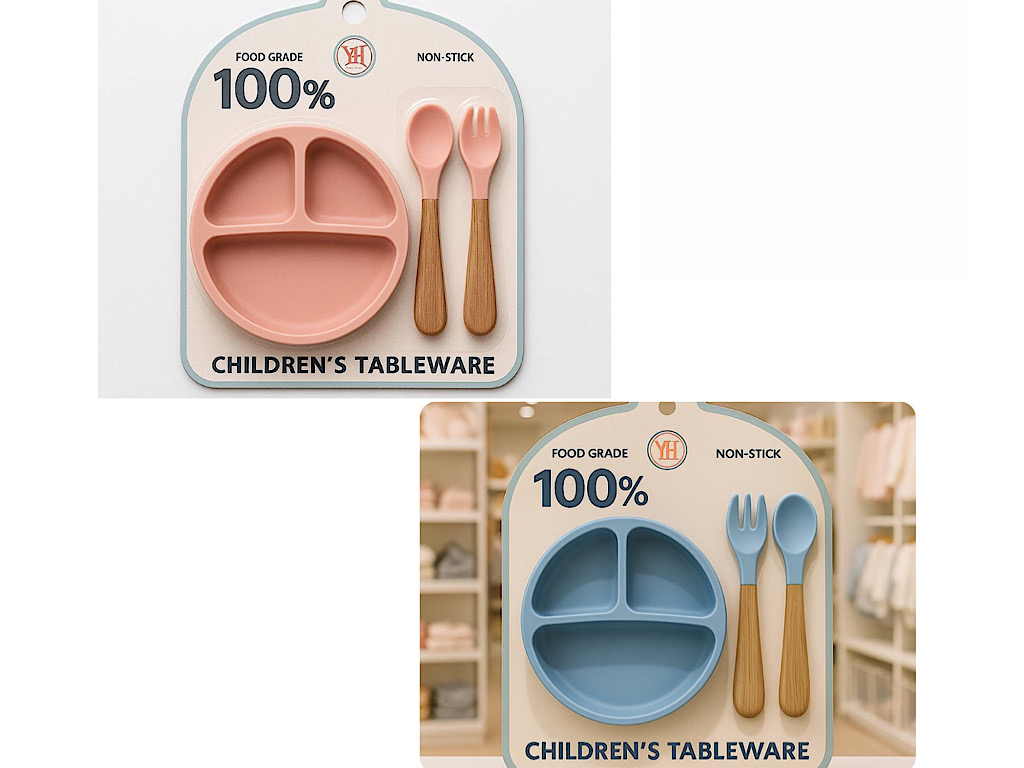 ظرف غذا  سه تکه چسبان با قاشق و چنگال سیلیکونی yonghao