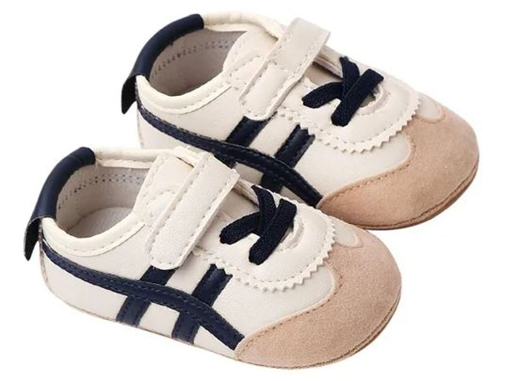 پاپوش استپ دار نوزادی رنگ شیری طرح خط دار سرمه ای