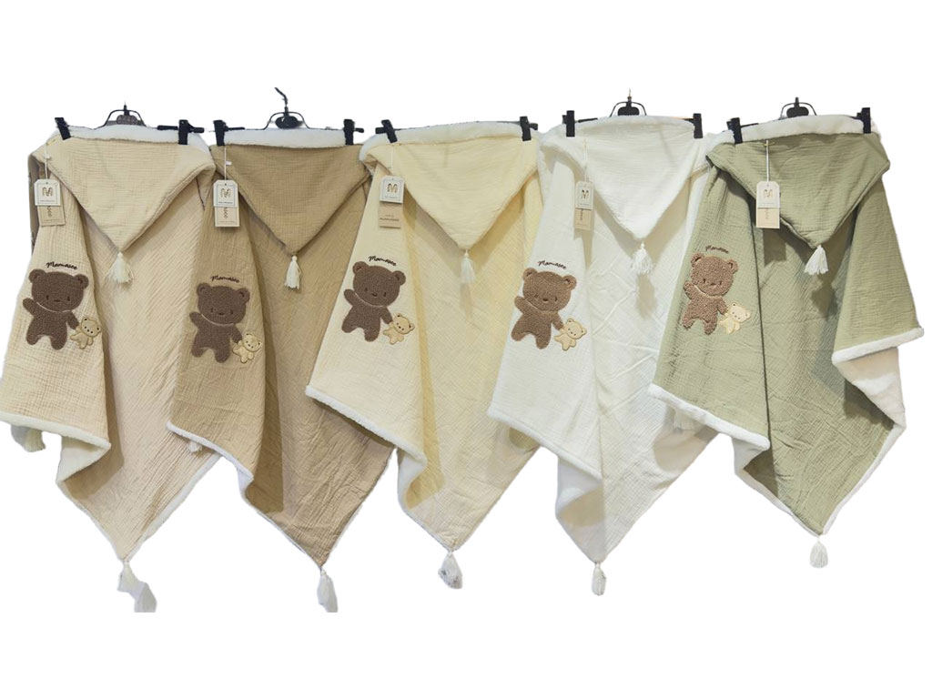 پتو دورپیچ موسلین کلاه دار نوازادی طرح خرس تدی و عروسک ماماسی Mama See