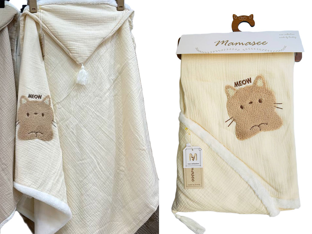 پتو دورپیچ موسلین کلاه دار نوازادی طرح برجسته گربه ماماسی Mama See