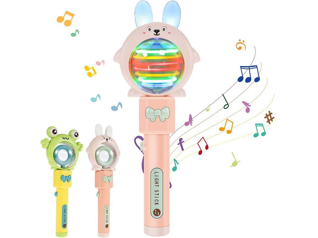 جغجغه موزیکال نوزاد مدل عصای جادویی با چراغ ال ای دی و توپ چرخان طرح حیوانات