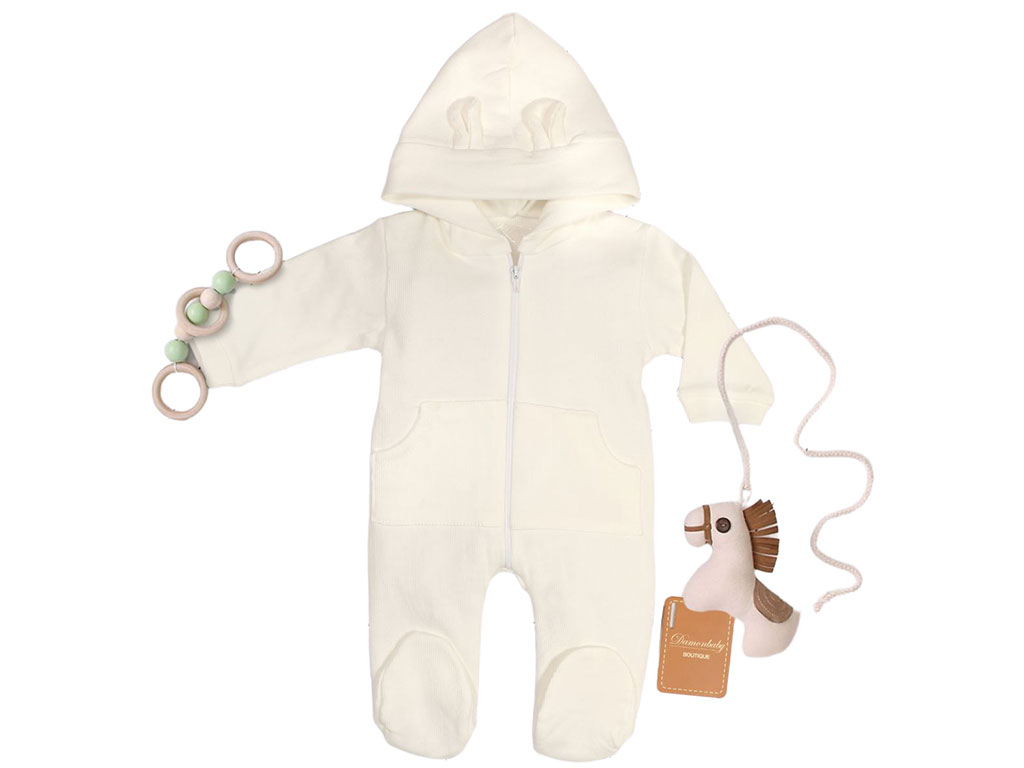 سرهمی جوراب و کلاه دار بیسکوییتی زیپ دار نوزادی رنگ شیری دامون damon