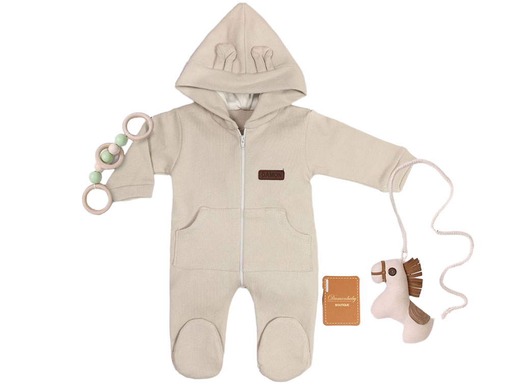 سرهمی جوراب و کلاه دار بیسکوییتی زیپ دار نوزادی رنگ استخوانی تیره دامون damon