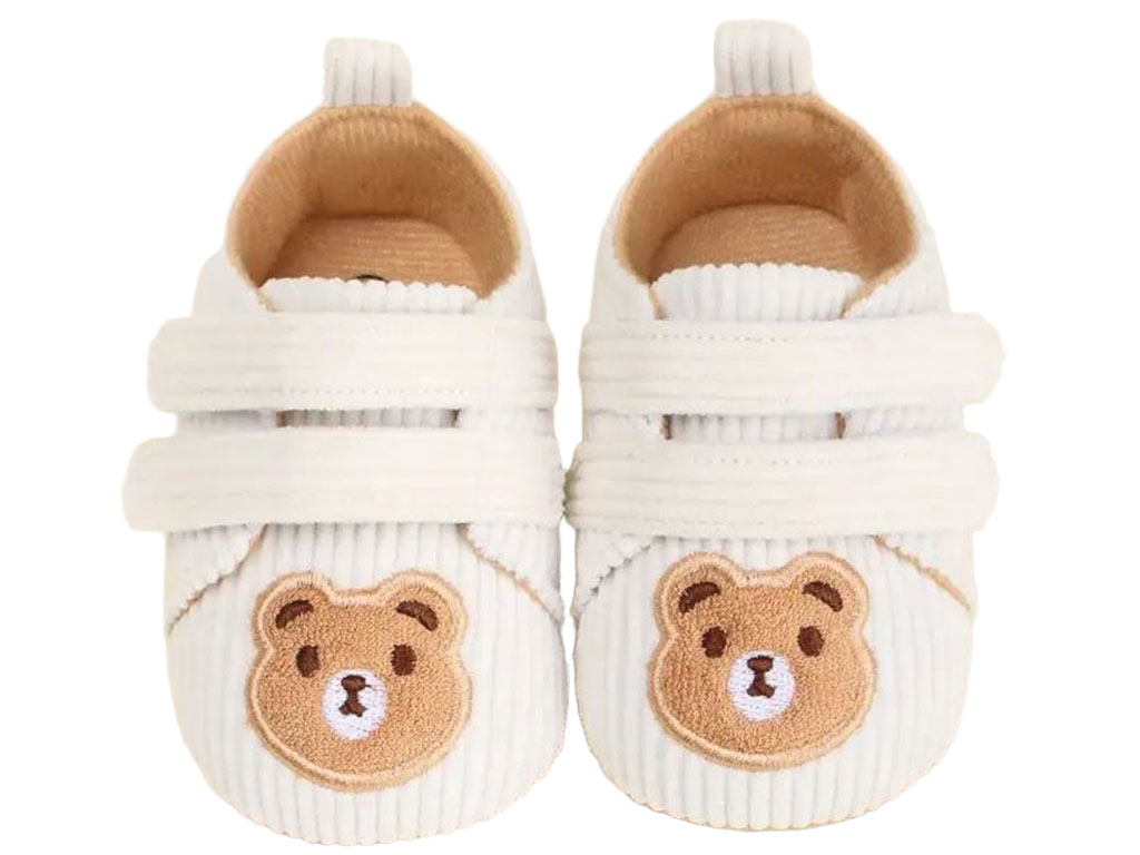 پاپوش استپ دار نوزادی مخمل کبریتی طرح تدی رنگ کرم روشن