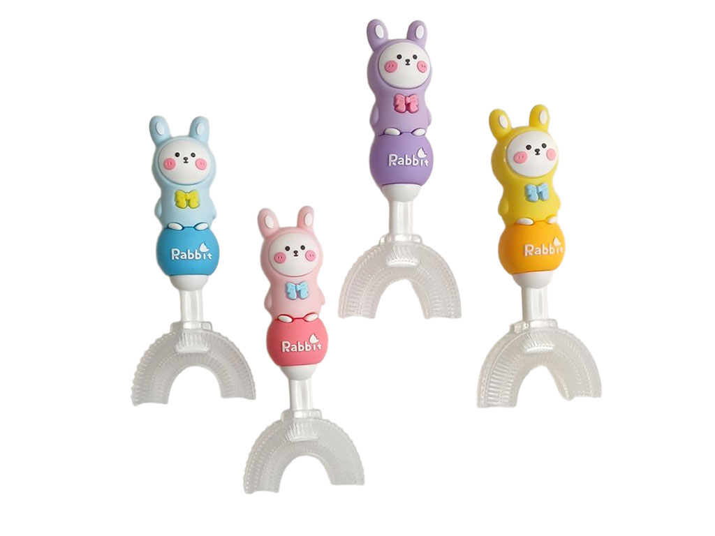 مسواک سیلیکونی چرخشی 360 درجه مدل U شکل طرح خرگوش قاب دار کودک