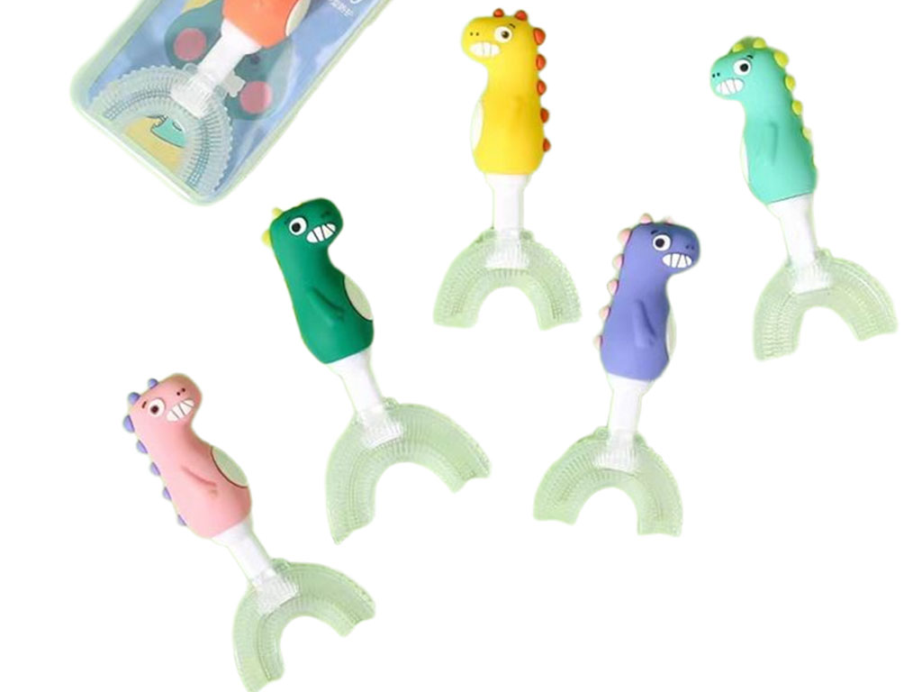 مسواک سیلیکونی چرخشی 360 درجه مدل U شکل طرح دایناسور قاب دار کودک