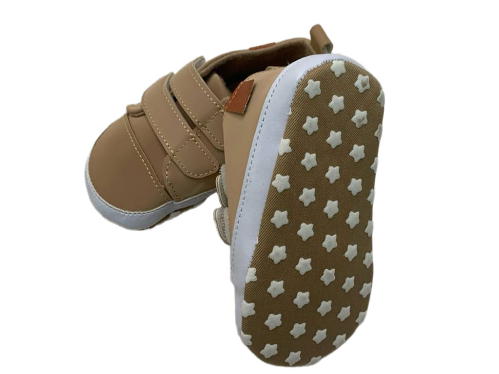 پاپوش استپ دار نوزادی رنگ نسکافه ای مدل دو ردیف چسب