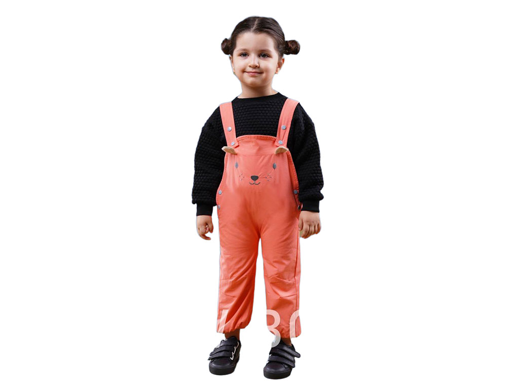 شلوار پیشبندی کتان رنگ گلبهی طرح خرس