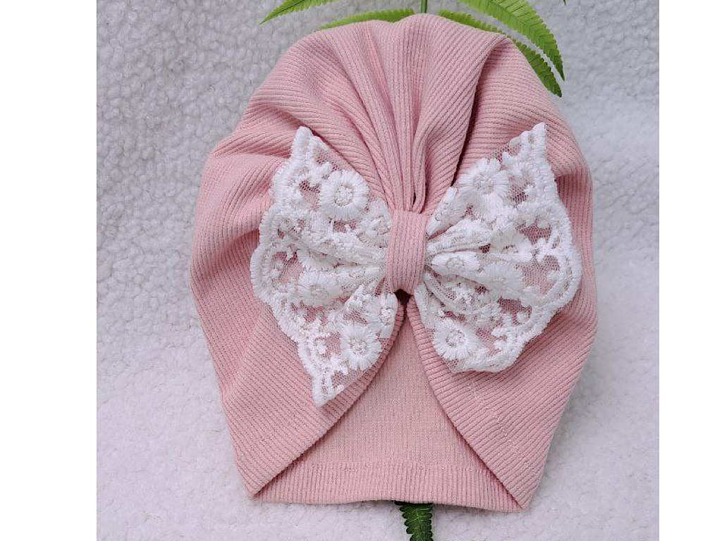 توربان با پاپیون دانتل صورتی رنگ