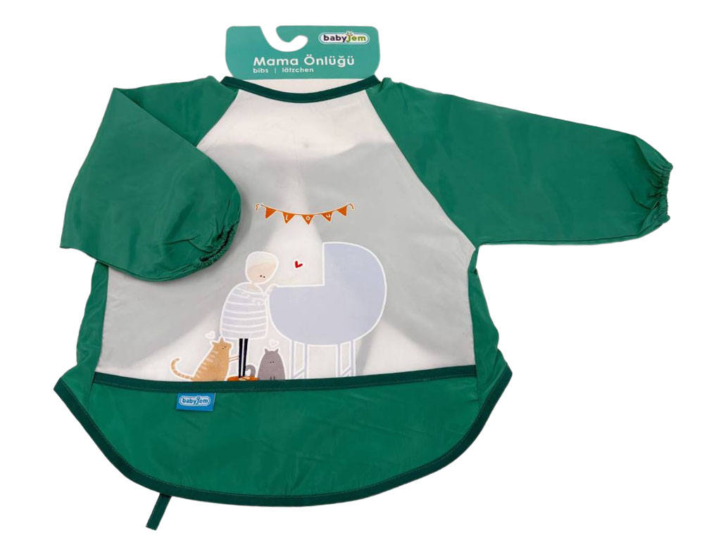 پیشبند آستین دار، جلو جیب دار مشمایی طرح پسر بچه و کالسکه baby jem