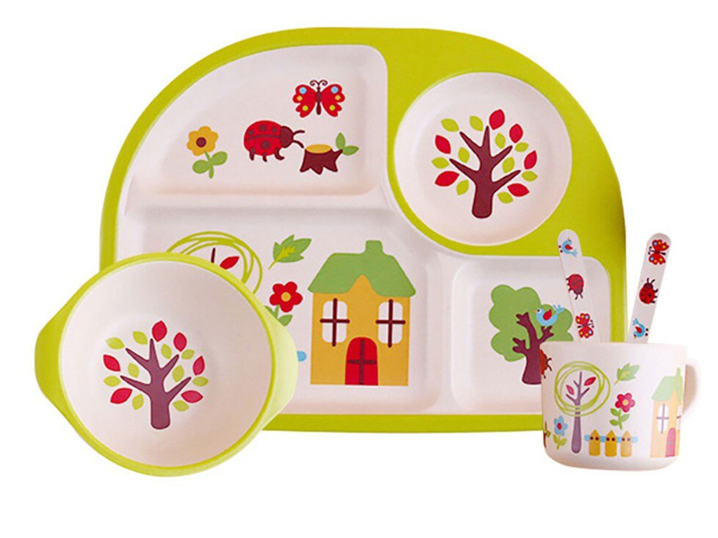 ست ظرف غذا کودک و نوزاد بامبو 5 تکه طرح دار