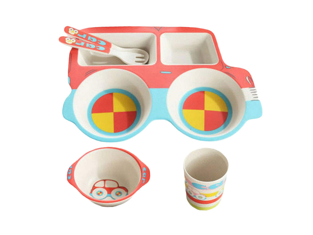 ست ظرف غذا کودک و نوزاد بامبو 5 تکه طرح ماشین