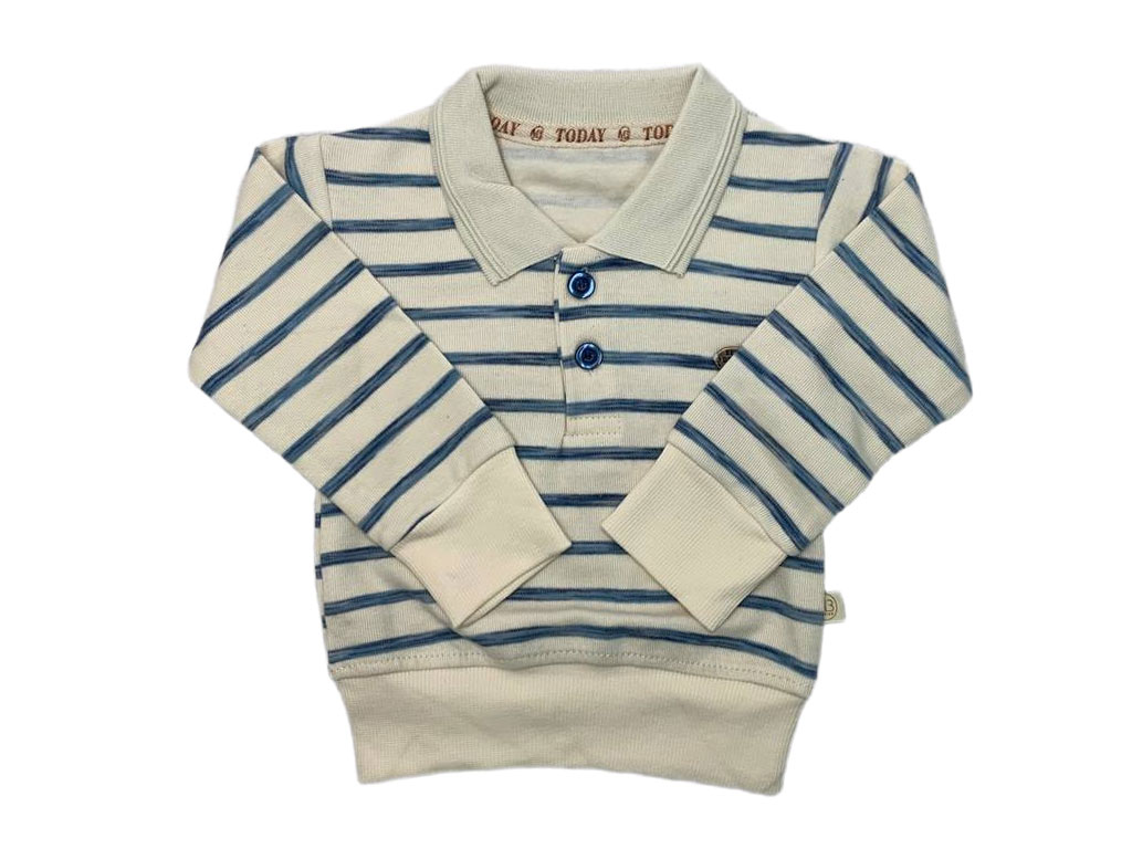 بلوز آستین بلند پسرانه سلانیک یقه دار رنگ آبی طرح راه راه