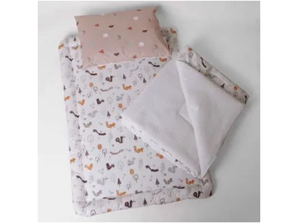 سرویس خواب دم دستی مسافرتی نوزادی(سایز 2)مجموعه 3 عددی تشک، لحاف و بالشت طرح سنجاب قهوه ای سفید الا ELA