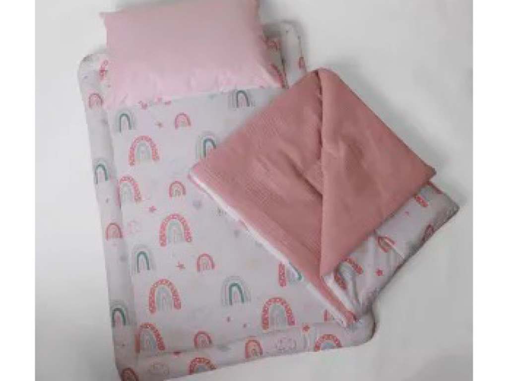 سرویس خواب دم دستی مسافرتی نوزادی(سایز 2)مجموعه 3 عددی تشک، لحاف و بالشت طرح رنگین کمان آبرنگی صورتی الا ELA