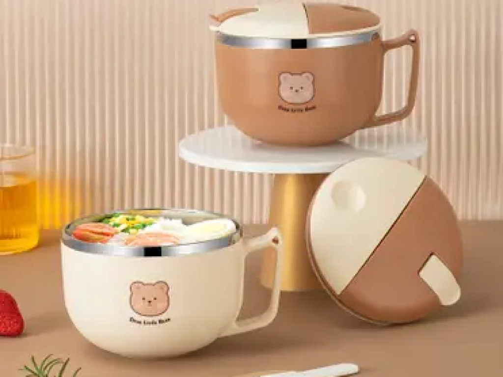 فلاسک و ظرف غذا استیل حجم 900 میلی لیتر دسته دار به همراه قاشق خرس تدی