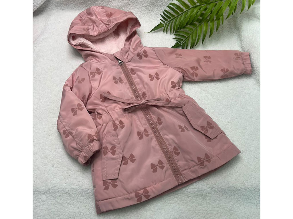 کاپشن کلاهدار توکرکی دخترانه رنگ صورتی طرح پاپیون نیوبورن