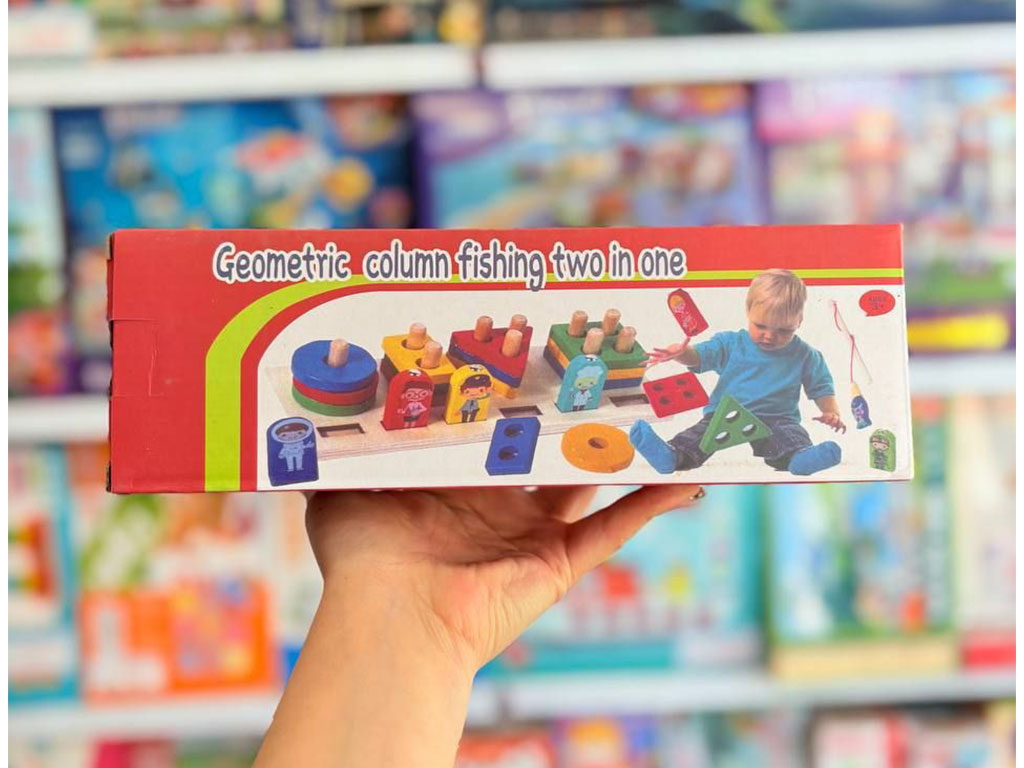 اسباب بازی دوکاره مونته سوری چوبی طرح اشکال هندسی چهارستون و ماهیگیری مگنتی