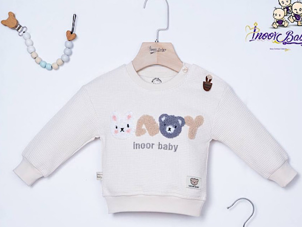 بلوز و شلوار  رنگ کرم  طرح خرس و خرگوش بیسکوئیتی آی نور بیبی inoor baby