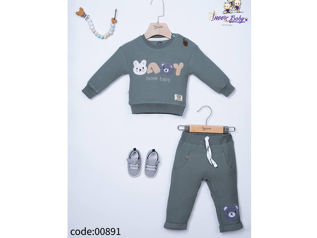 بلوز و شلوار  رنگ سبز  طرح خرس و خرگوش بیسکوئیتی آی نور بیبی inoor baby