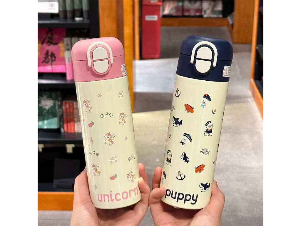 فلاسک استیل نی دار دوکاره 450 میلی لیتر نوزاد و کودک مدل قفلی طرح فانتری