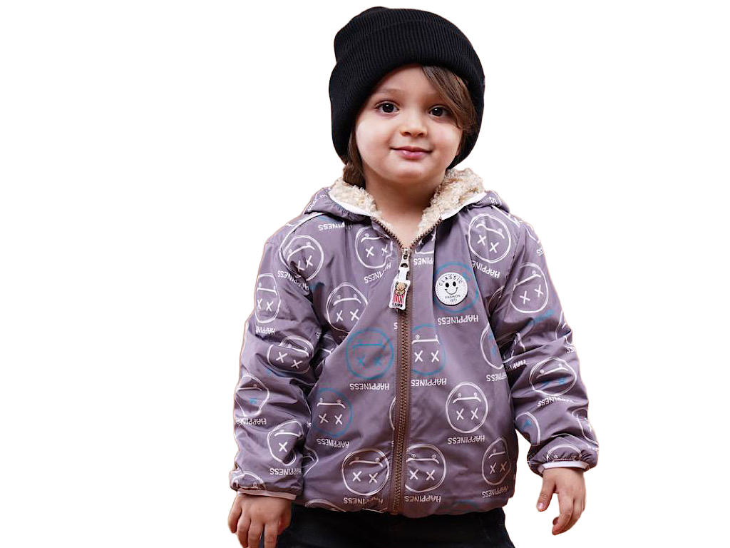 کاپشن کلاهدار توکرکی رنگ فیلی تیره  طرح آدمک