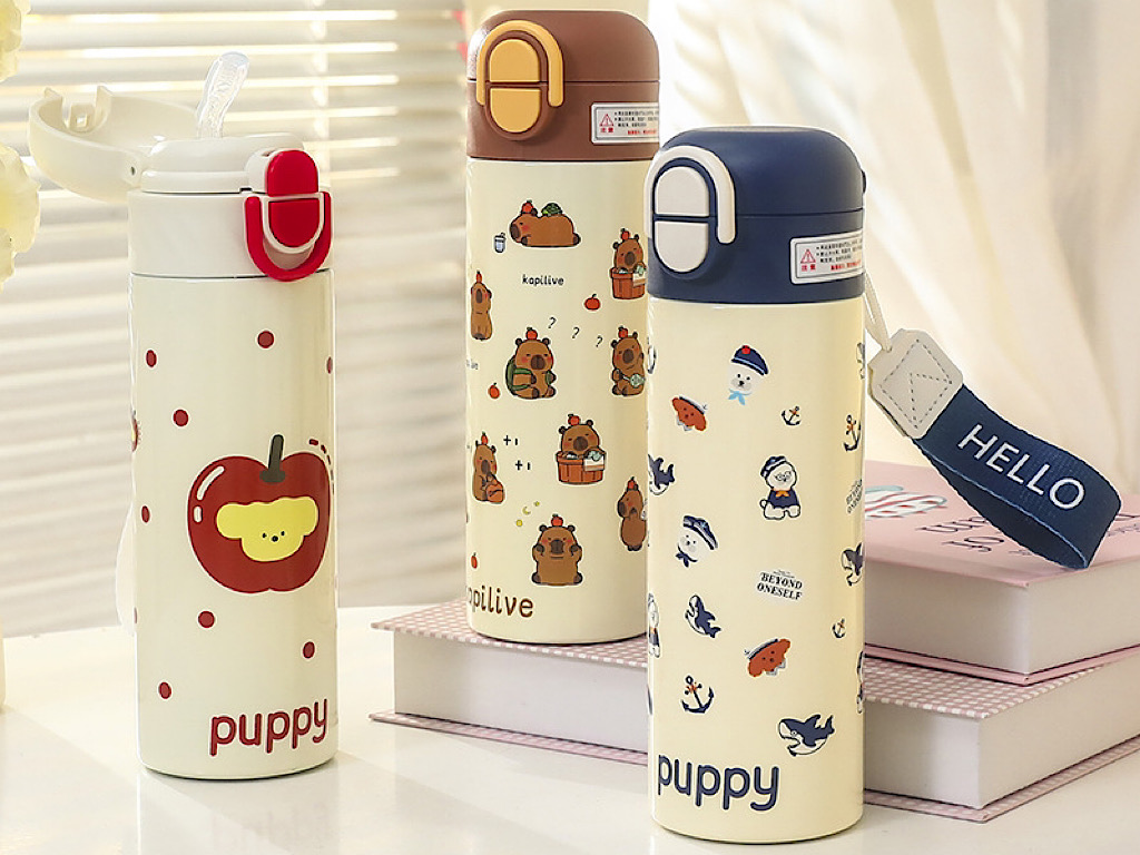 فلاسک استیل نی دار دوکاره 450 میلی لیتر نوزاد و کودک مدل قفلی طرح فانتری