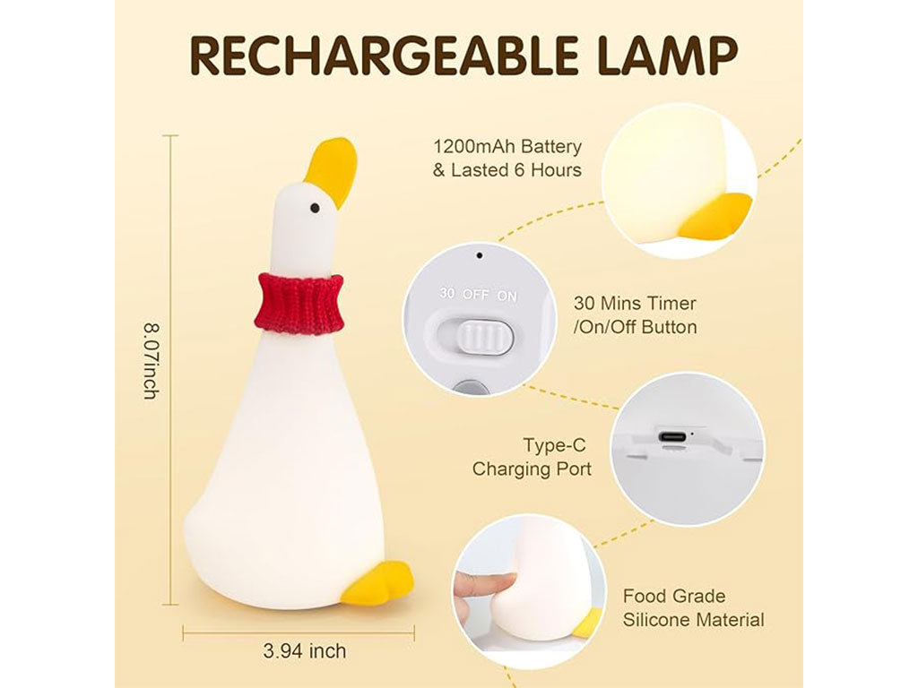 چراغ خواب سیلیکونی شارژی مدل ضربه ای طرح اردک سر بالا