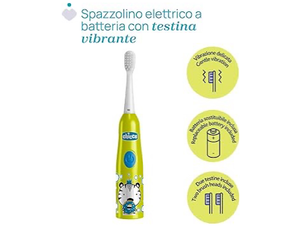 مسواک برقی باتری خور کودک بالای 3 سال به همراه دو فرچه و درپوش  چیکو chicco