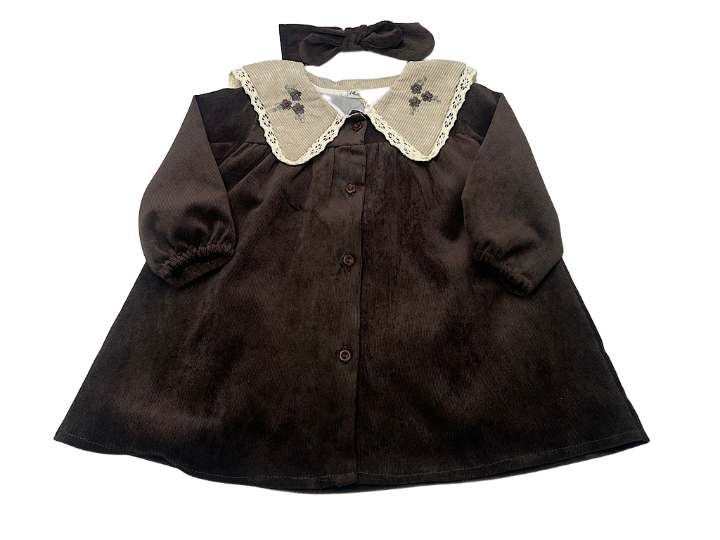 پیراهن دخترانه جنس مخمل کبریتی یقه گلدوزی  قهوه ای