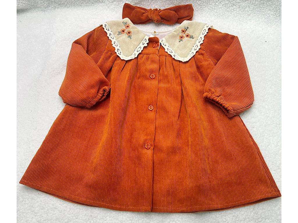 پیراهن دخترانه جنس مخمل کبریتی یقه گلدوزی  آجری