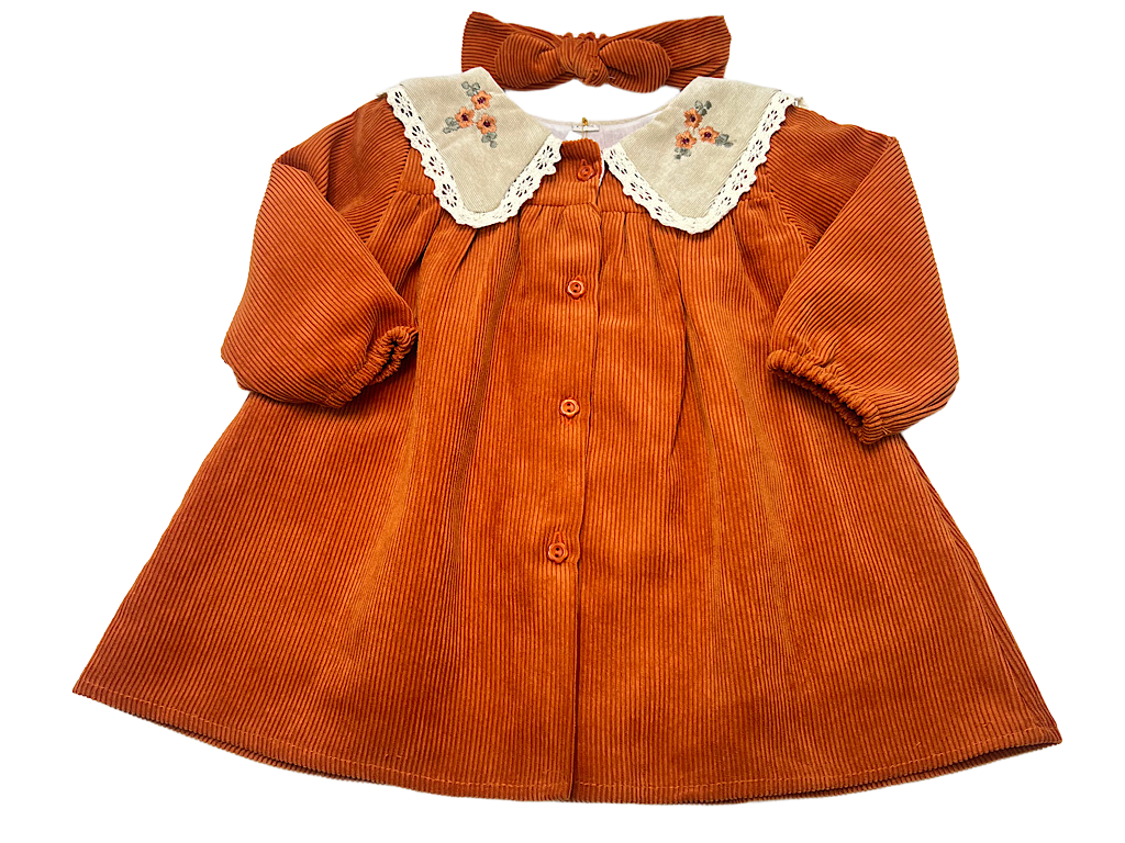 پیراهن دخترانه جنس مخمل کبریتی یقه گلدوزی  آجری