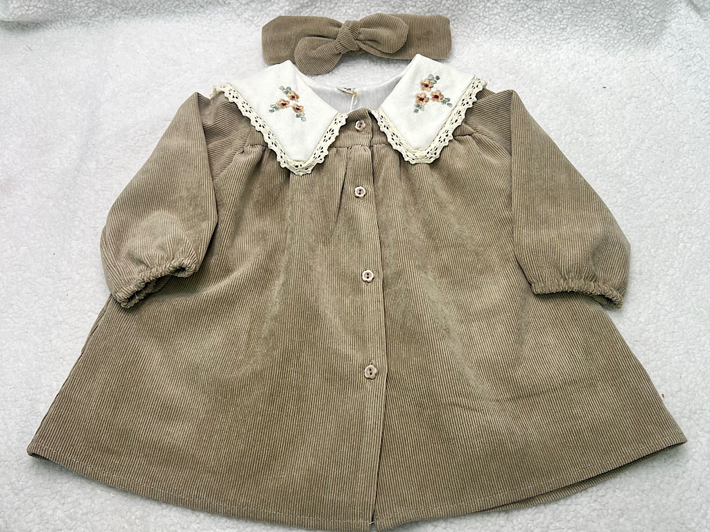 پیراهن دخترانه جنس مخمل کبریتی یقه گلدوزی  ماشی