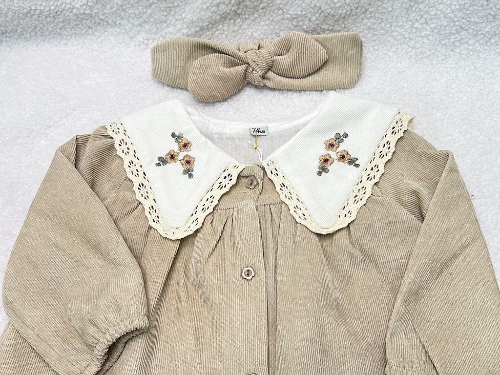 پیراهن دخترانه جنس مخمل کبریتی یقه گلدوزی  کرم روشن