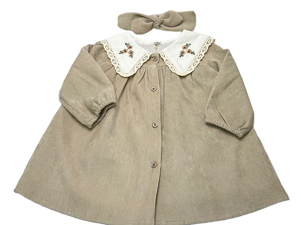 پیراهن دخترانه جنس مخمل کبریتی یقه گلدوزی  کرم روشن