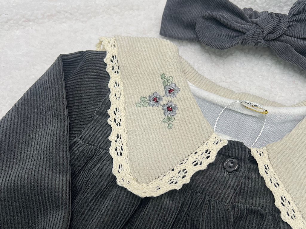 پیراهن دخترانه جنس مخمل کبریتی یقه گلدوزی  طوسی تیره