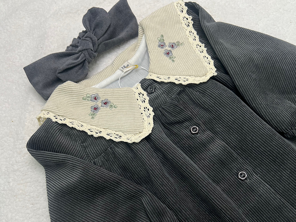 پیراهن دخترانه جنس مخمل کبریتی یقه گلدوزی  طوسی تیره