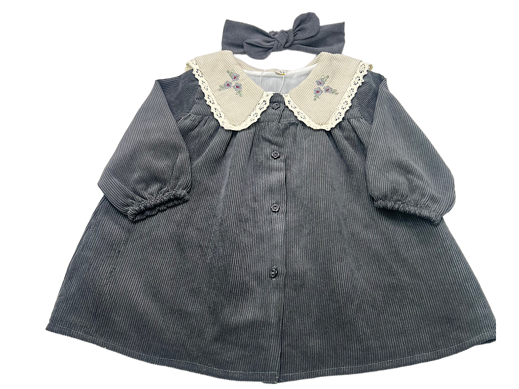 پیراهن دخترانه جنس مخمل کبریتی یقه گلدوزی  طوسی تیره